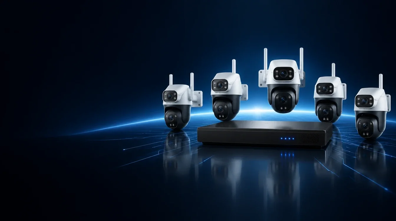 Outdoor security cameras with the home hub on a glowing blue horizon.