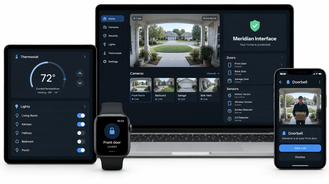 Haven on an iPad showing the thermostat and lights, a laptop showing the front porch camera and every door and sensor, an Apple Watch showing the front door locked, and a phone showing a doorbell alert.
