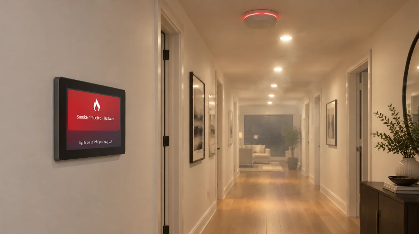 A hallway at night with the smoke alarm glowing red and the wall panel reading Smoke detected, Hallway, and Lights on to light your way out.