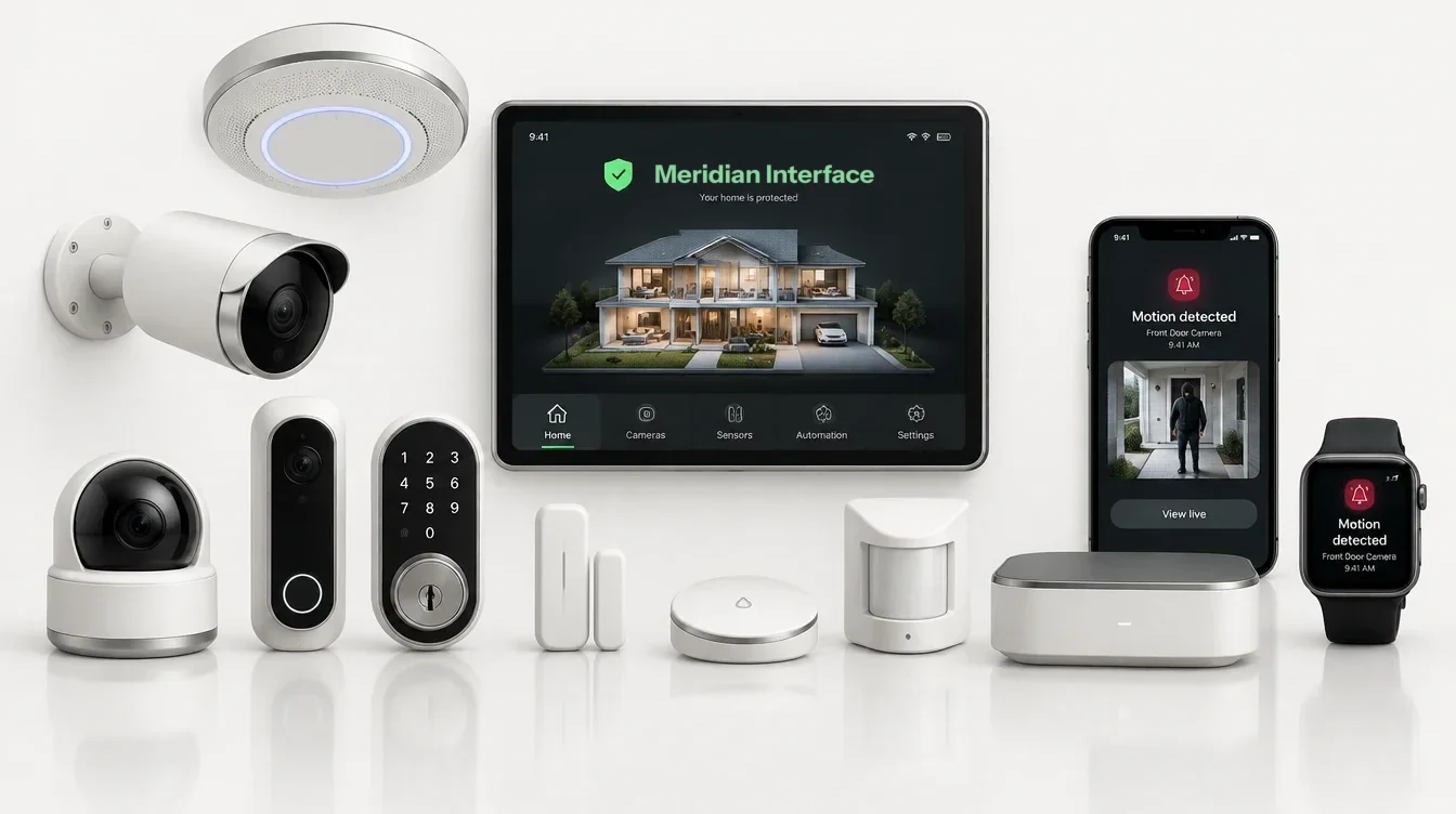The security package: a wall panel showing Meridian Interface above the house, outdoor and indoor cameras, a video doorbell, a keypad lock, a smoke and carbon monoxide alarm, door, motion and leak sensors, the home server, and a phone and watch showing an alert from the front door camera.