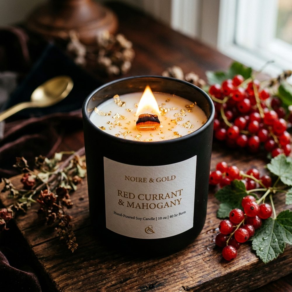 A Secrets of Cint hand-poured soy candle in a black glass vessel